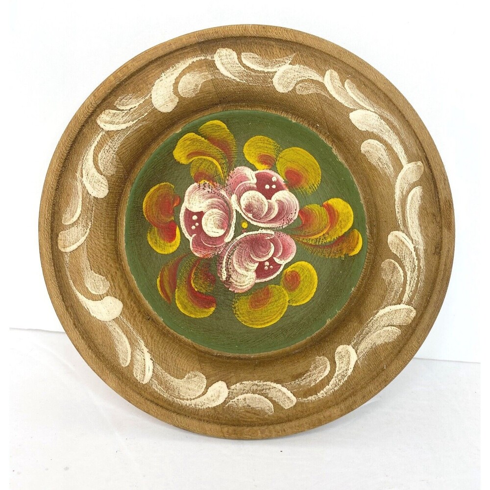 Vintage Hand Painted Flowers Floral Wooden Wood Plate Decorative